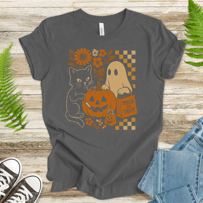 Halloween Cat & Ghost T-Shirt – Cute Retro Trick-or-Treat Vibes