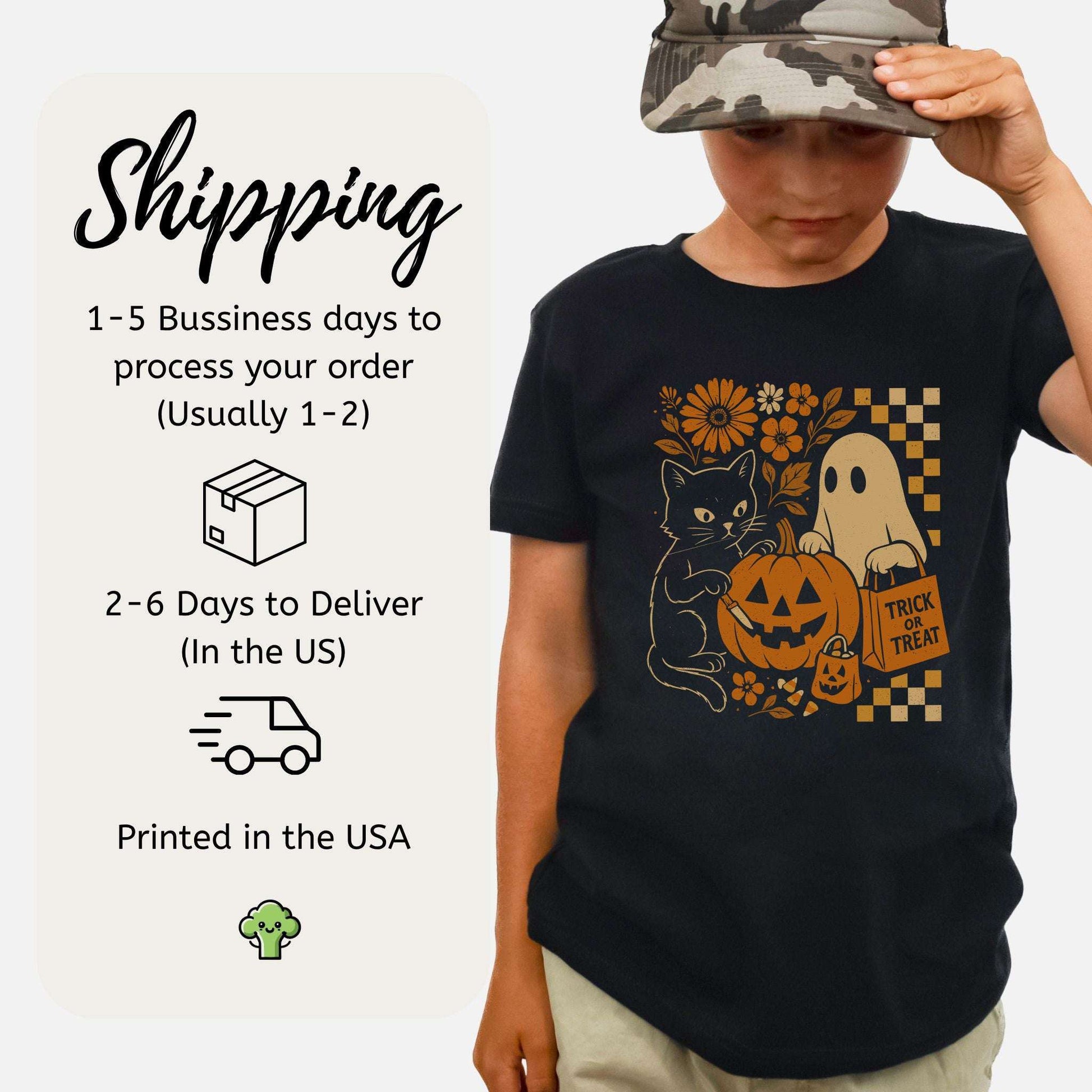 Halloween Cat & Ghost Youth Tee – Cute Trick-or-Treat Mischief Vibes