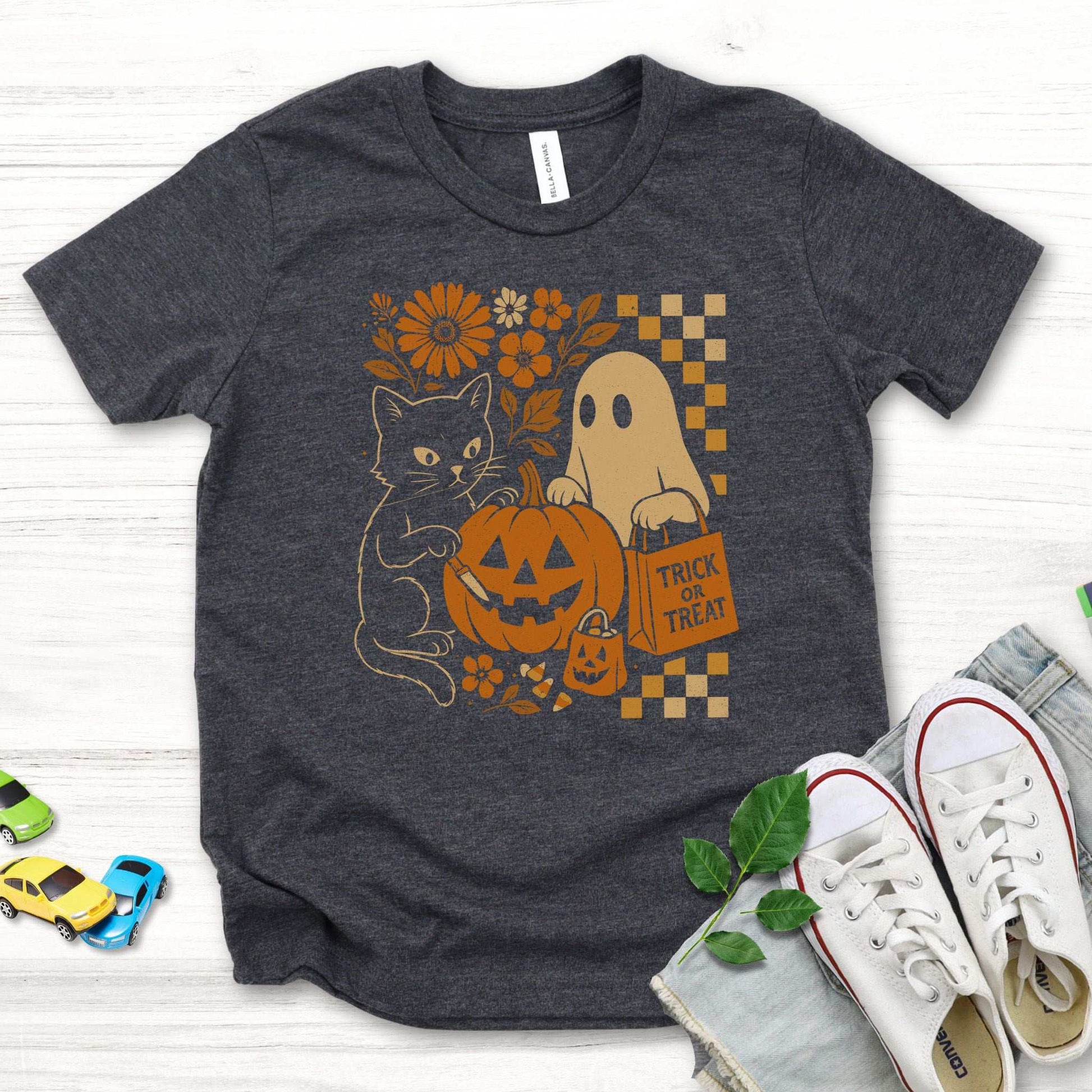 Halloween Cat & Ghost Youth Tee – Cute Trick-or-Treat Mischief Vibes