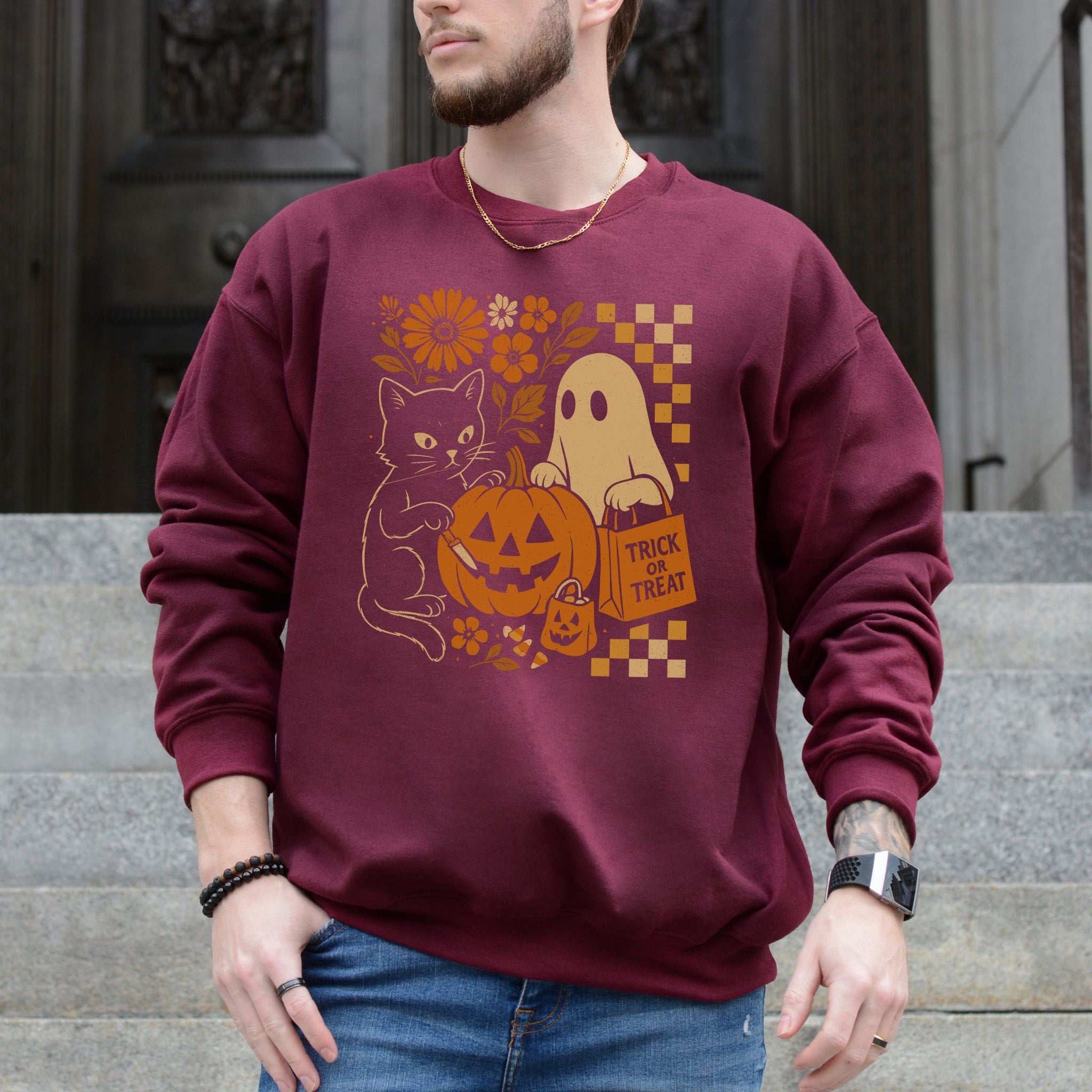 Halloween Cat & Ghost Sweatshirt – Cute Retro Trick-or-Treat Vibes
