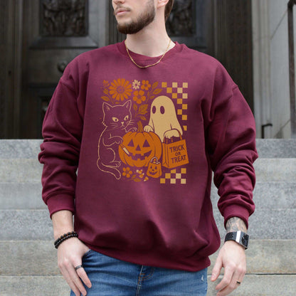 Halloween Cat & Ghost Sweatshirt – Cute Retro Trick-or-Treat Vibes