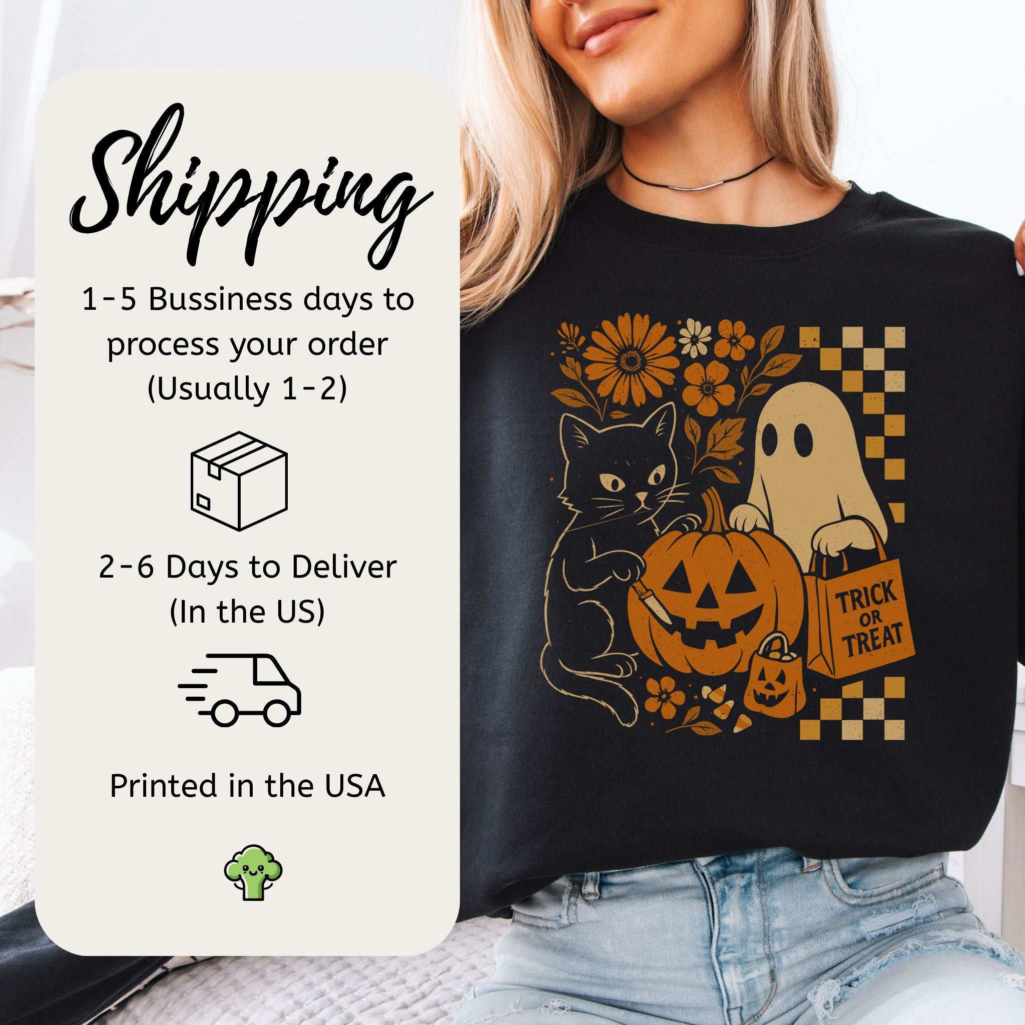 Halloween Cat & Ghost Sweatshirt – Cute Retro Trick-or-Treat Vibes