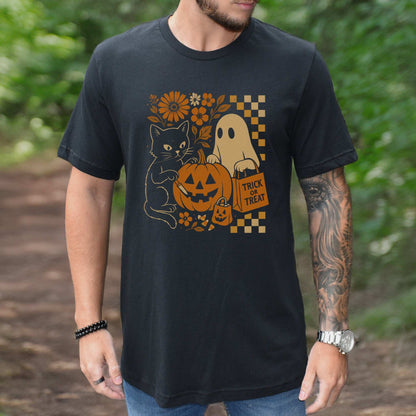 Halloween Cat & Ghost T-Shirt – Cute Retro Trick-or-Treat Vibes