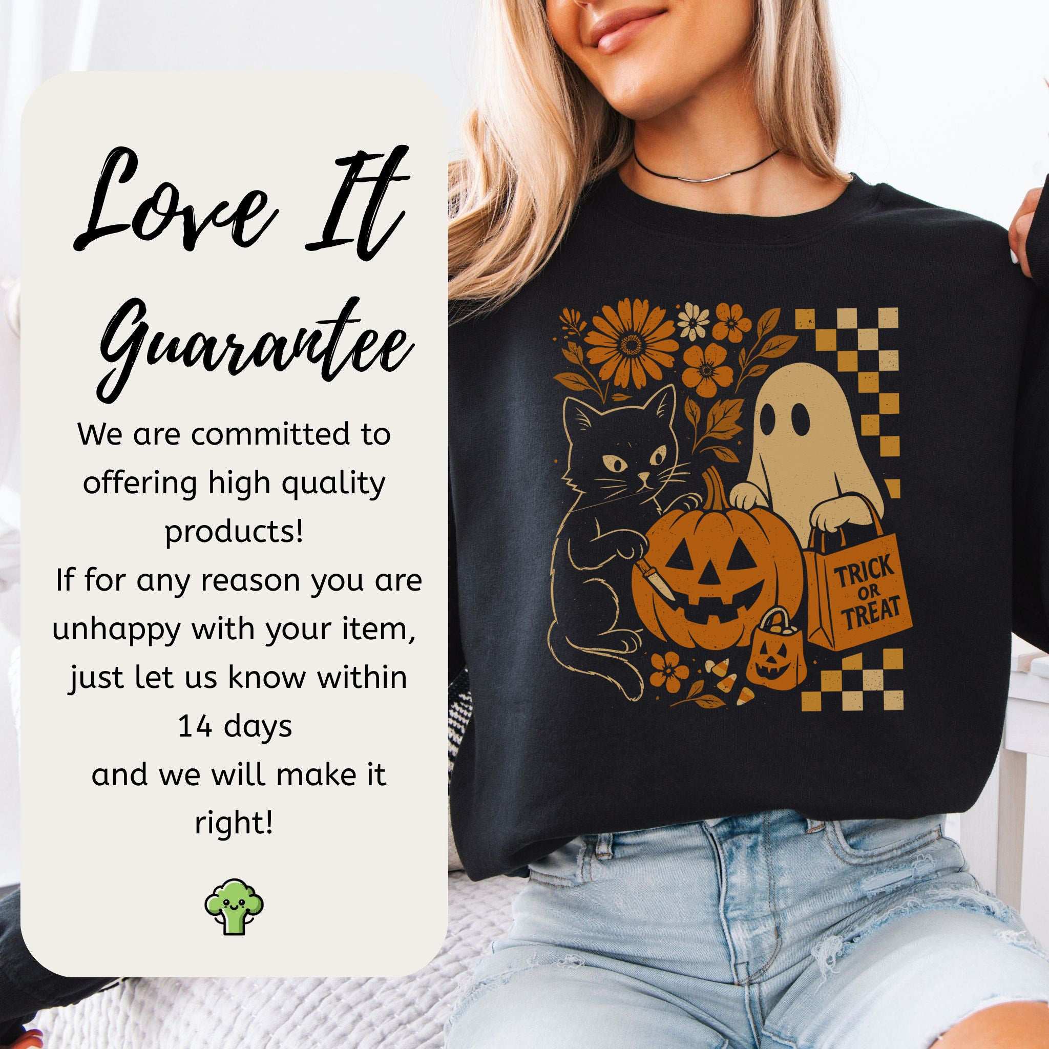 Halloween Cat & Ghost Sweatshirt – Cute Retro Trick-or-Treat Vibes