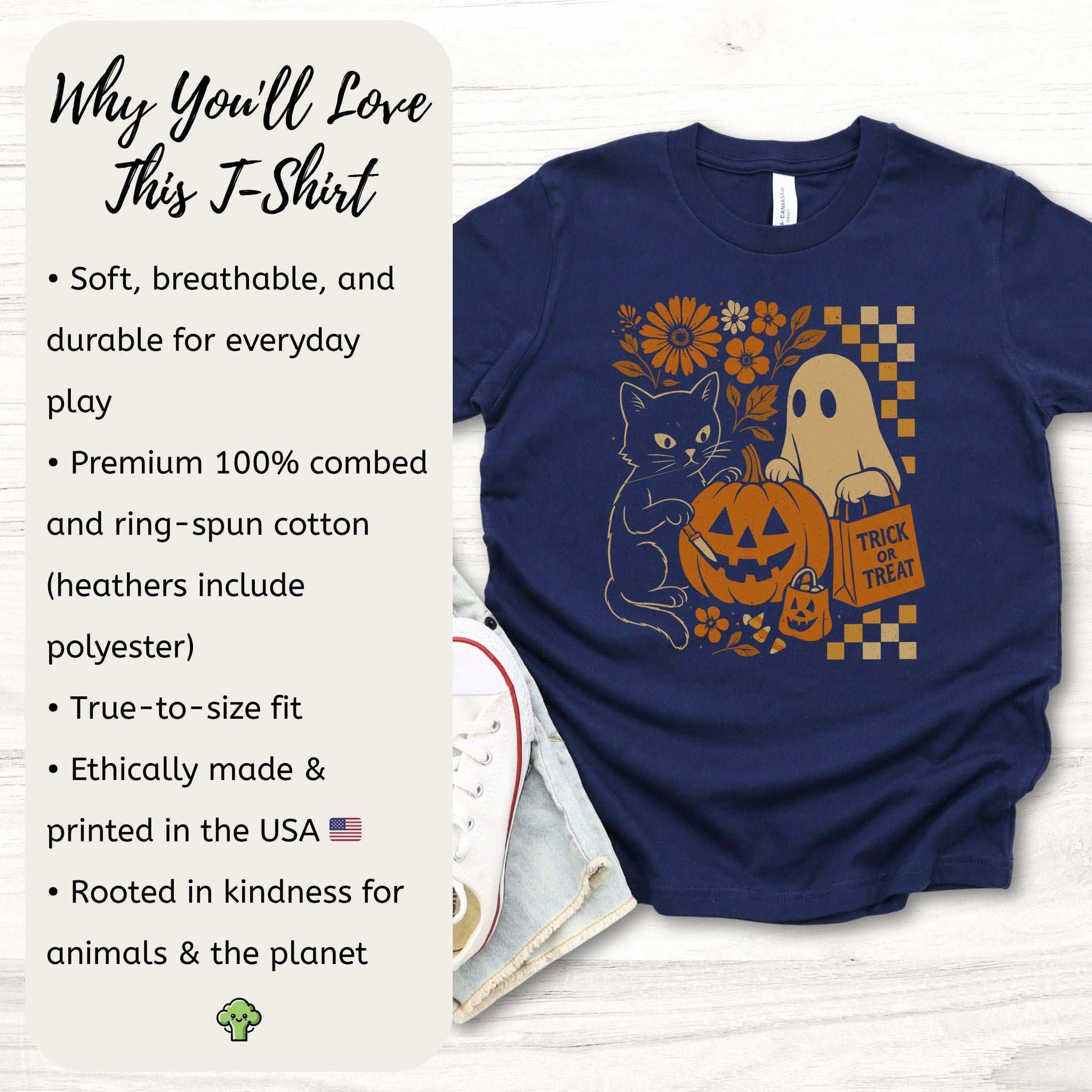 Halloween Cat & Ghost Youth Tee – Cute Trick-or-Treat Mischief Vibes