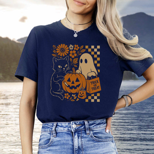 Halloween Cat & Ghost T-Shirt – Cute Retro Trick-or-Treat Vibes