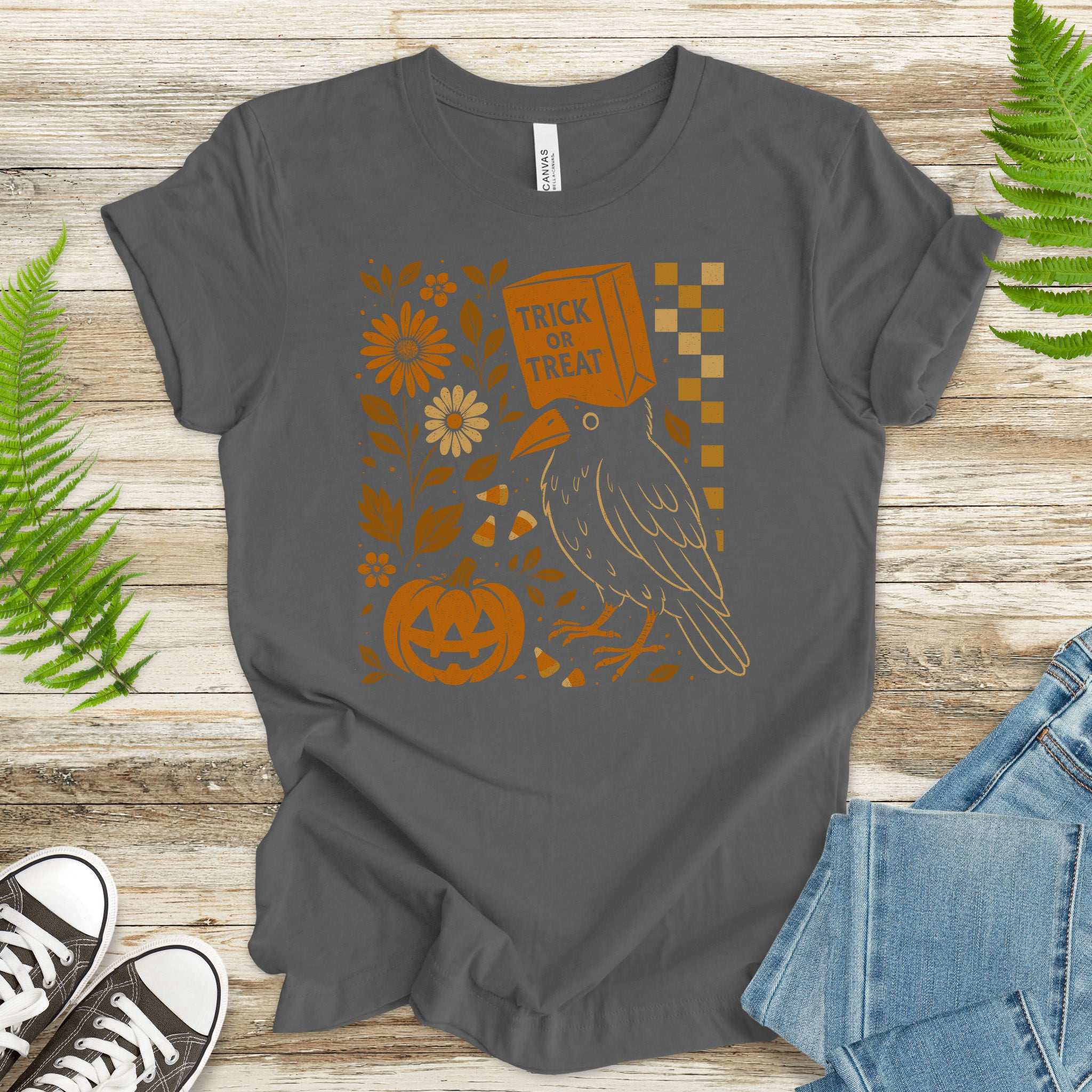 Trick-or-Treat Crow T-Shirt – Funny Halloween Bird & Pumpkin Vibes
