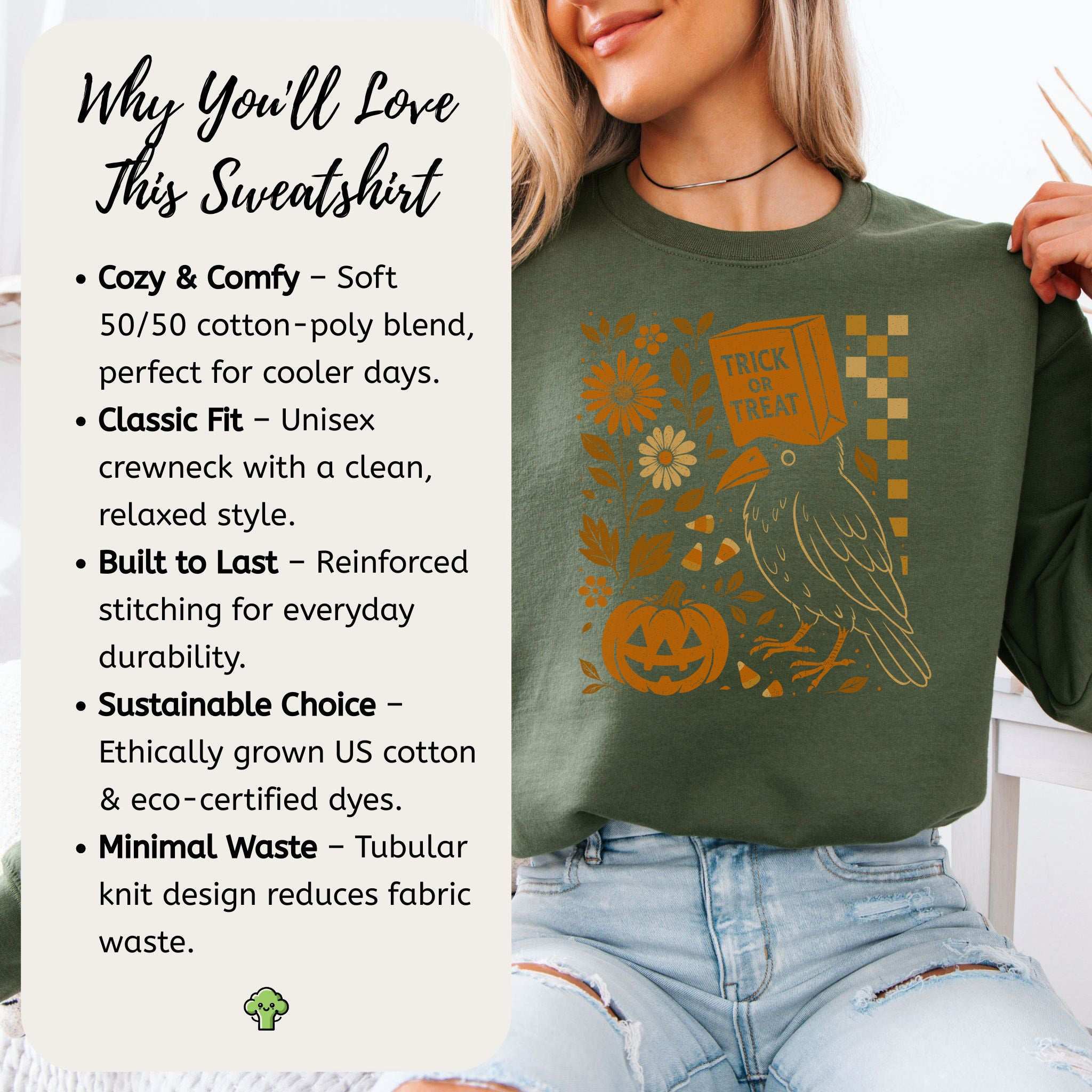 Trick-or-Treat Crow Halloween Sweatshirt – Funny Bird & Pumpkin Vibes