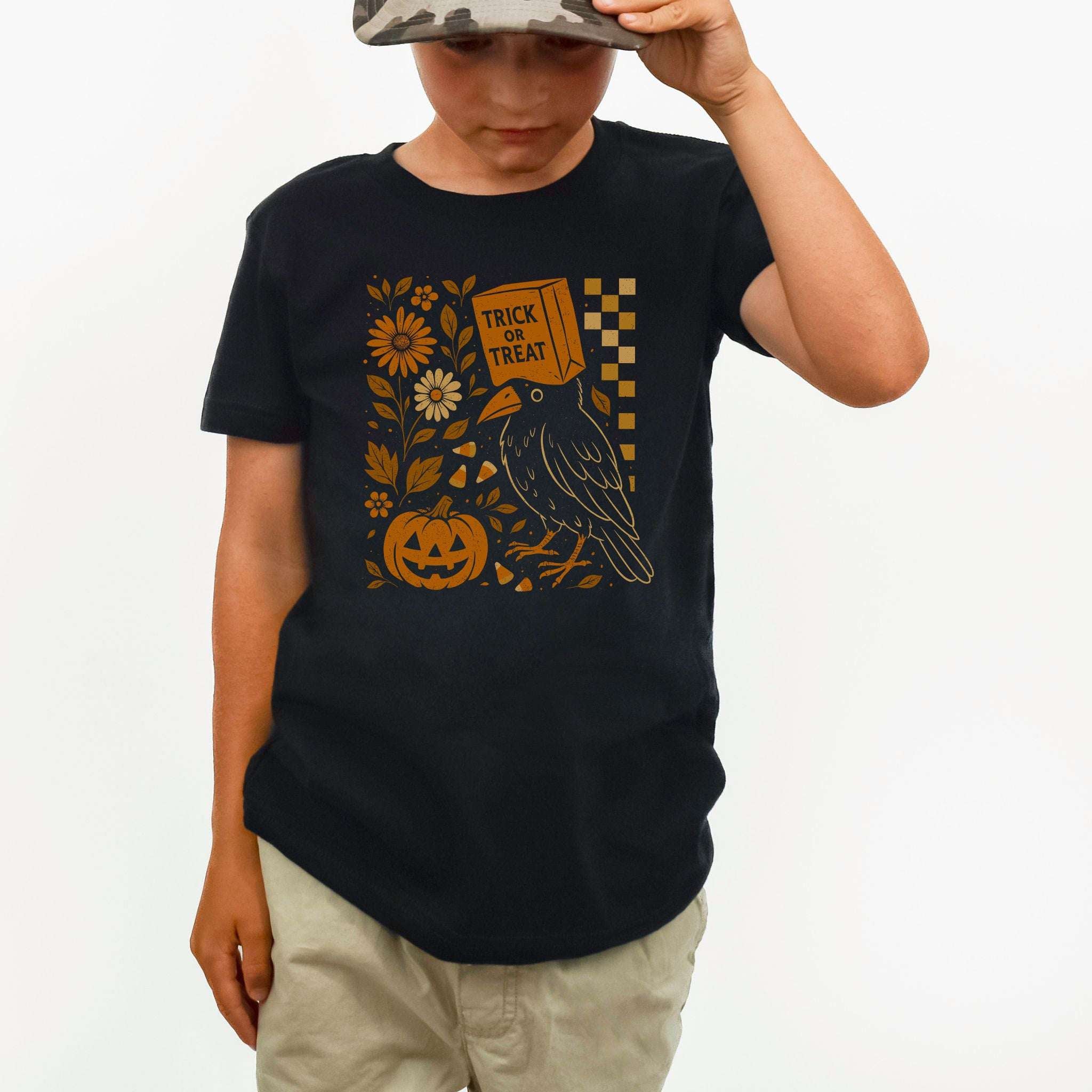 Trick-or-Treat Crow Youth Tee – Funny Halloween Bird & Pumpkin Shirt