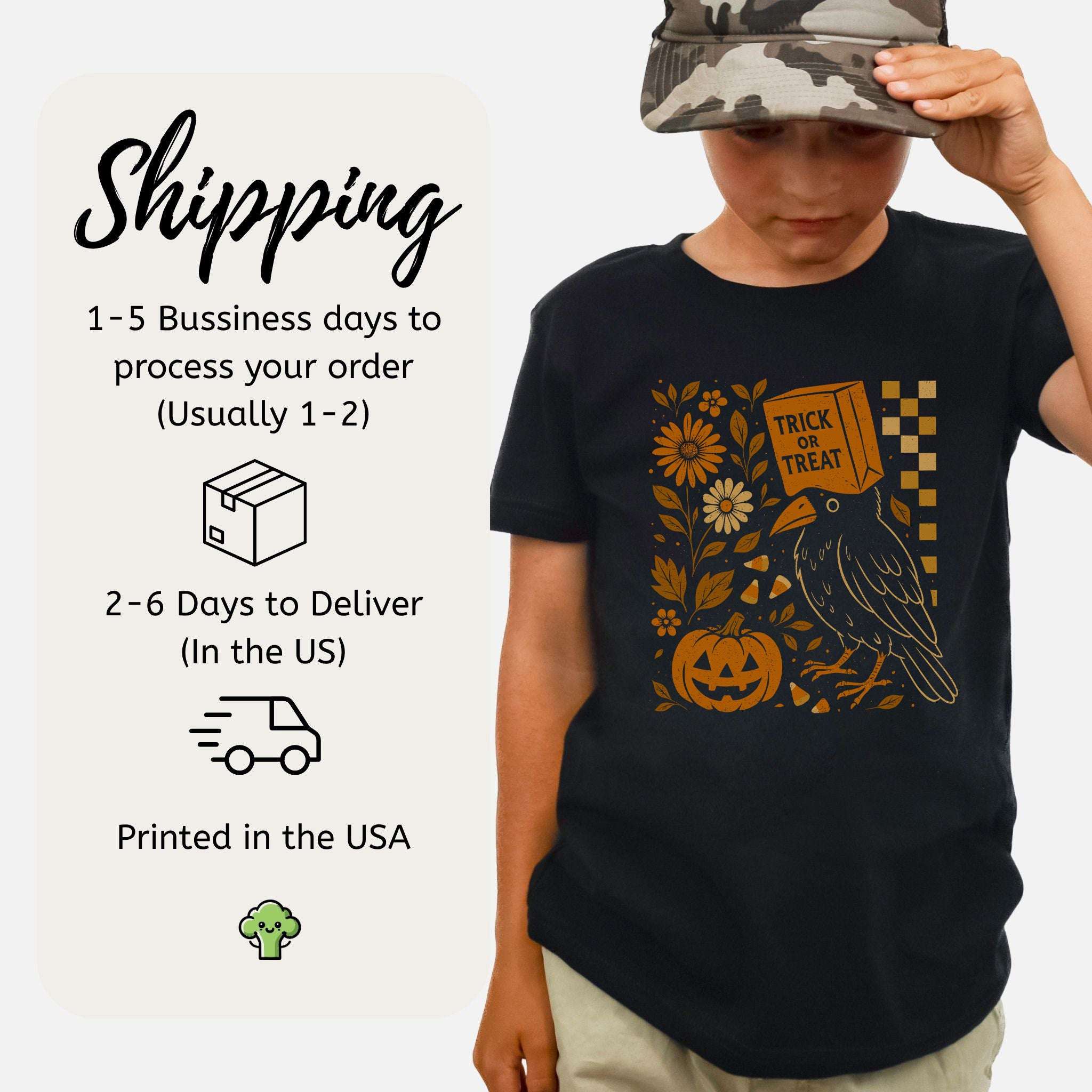 Trick-or-Treat Crow Youth Tee – Funny Halloween Bird & Pumpkin Shirt