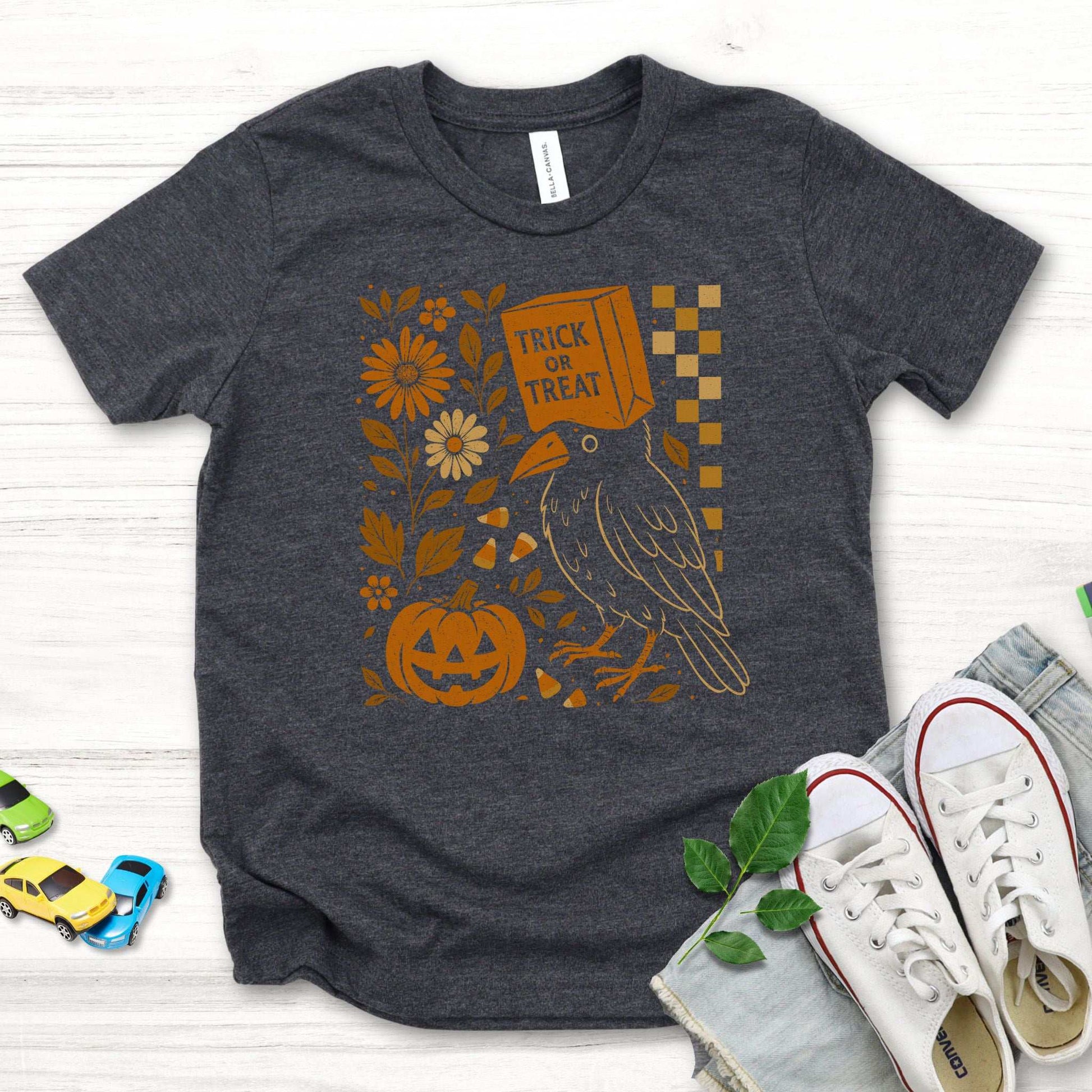 Trick-or-Treat Crow Youth Tee – Funny Halloween Bird & Pumpkin Shirt
