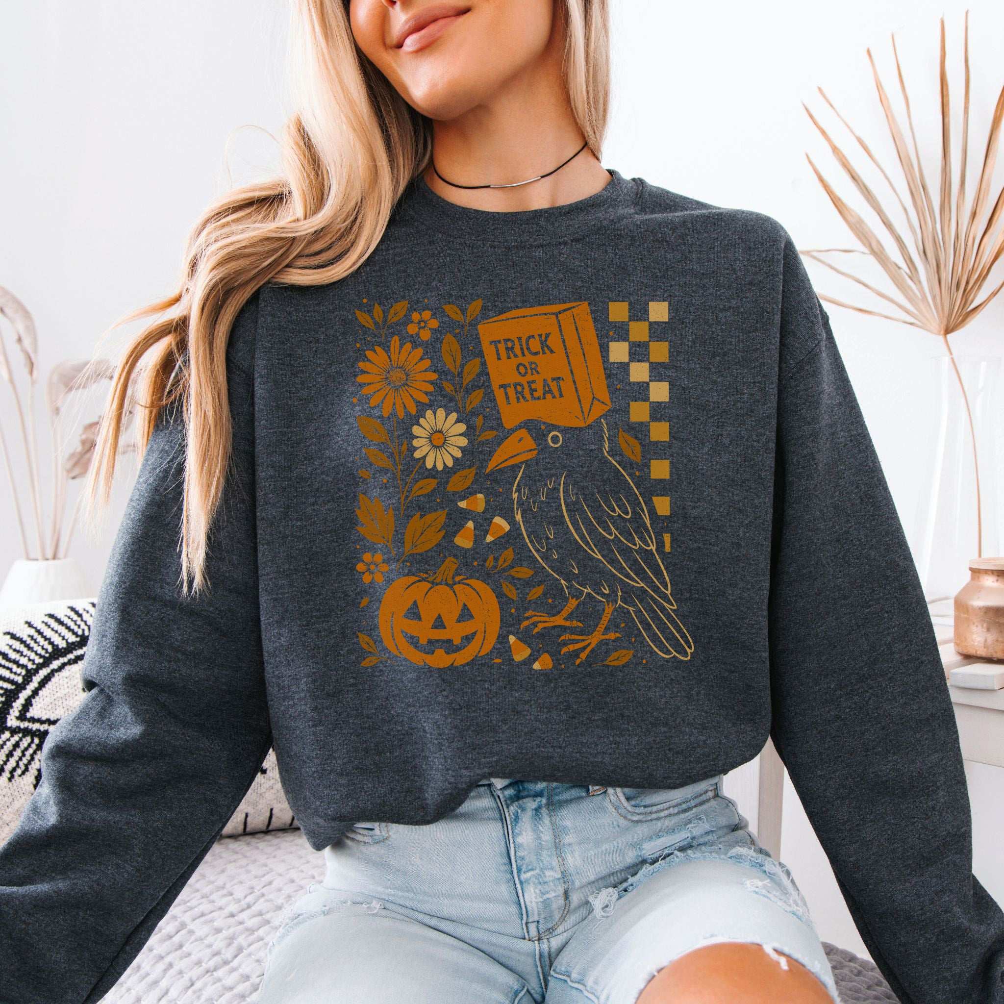 Trick-or-Treat Crow Halloween Sweatshirt – Funny Bird & Pumpkin Vibes