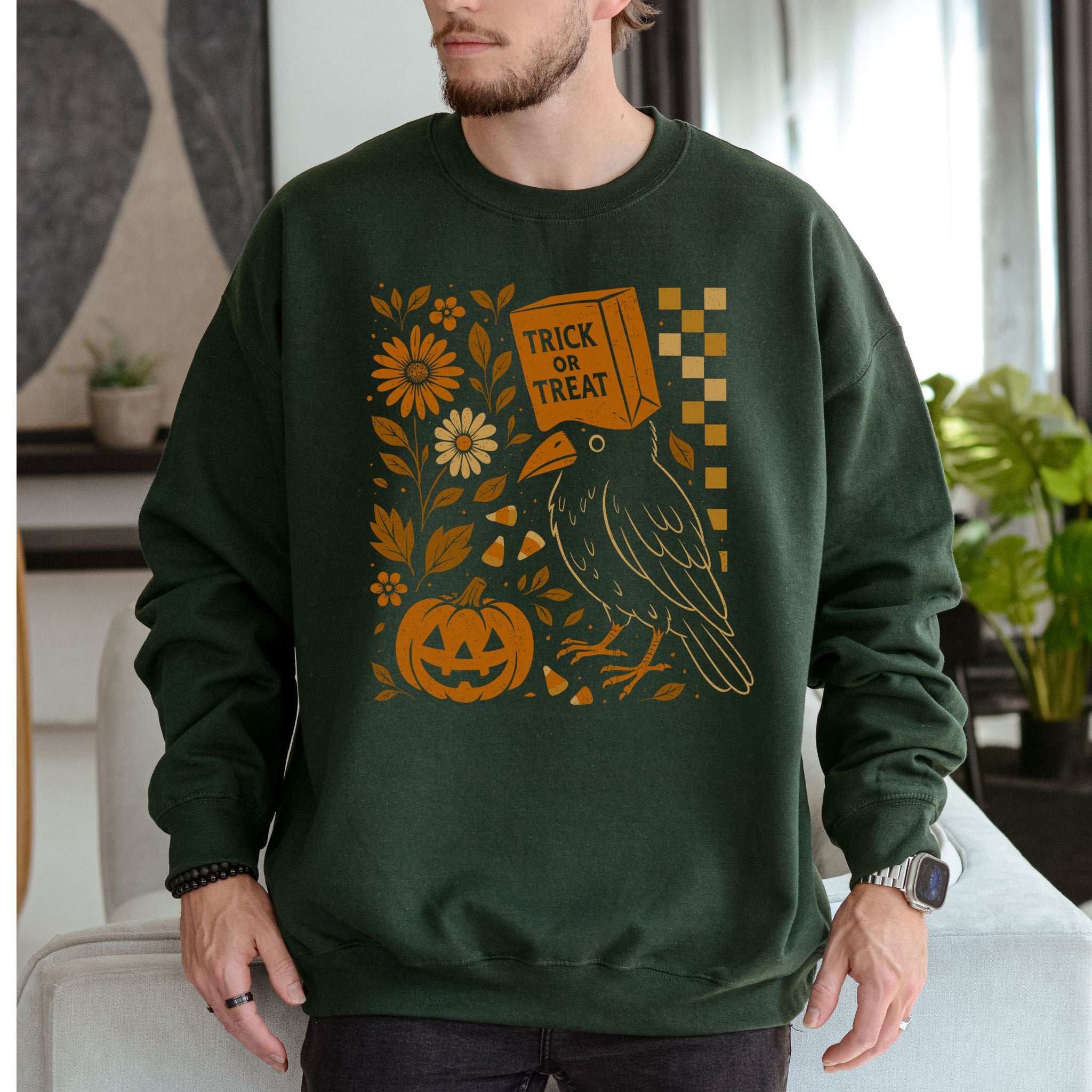 Trick-or-Treat Crow Halloween Sweatshirt – Funny Bird & Pumpkin Vibes