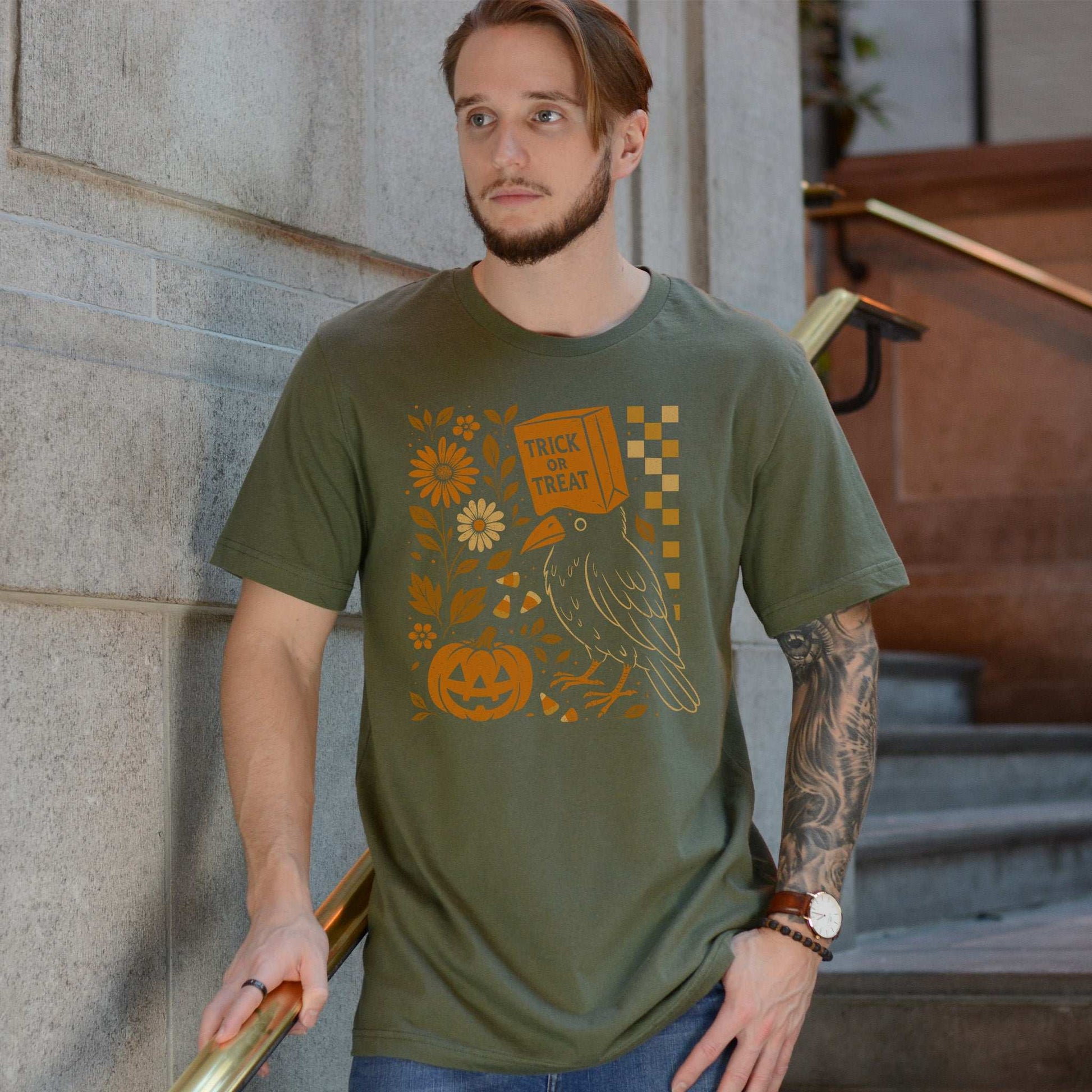 Trick-or-Treat Crow T-Shirt – Funny Halloween Bird & Pumpkin Vibes