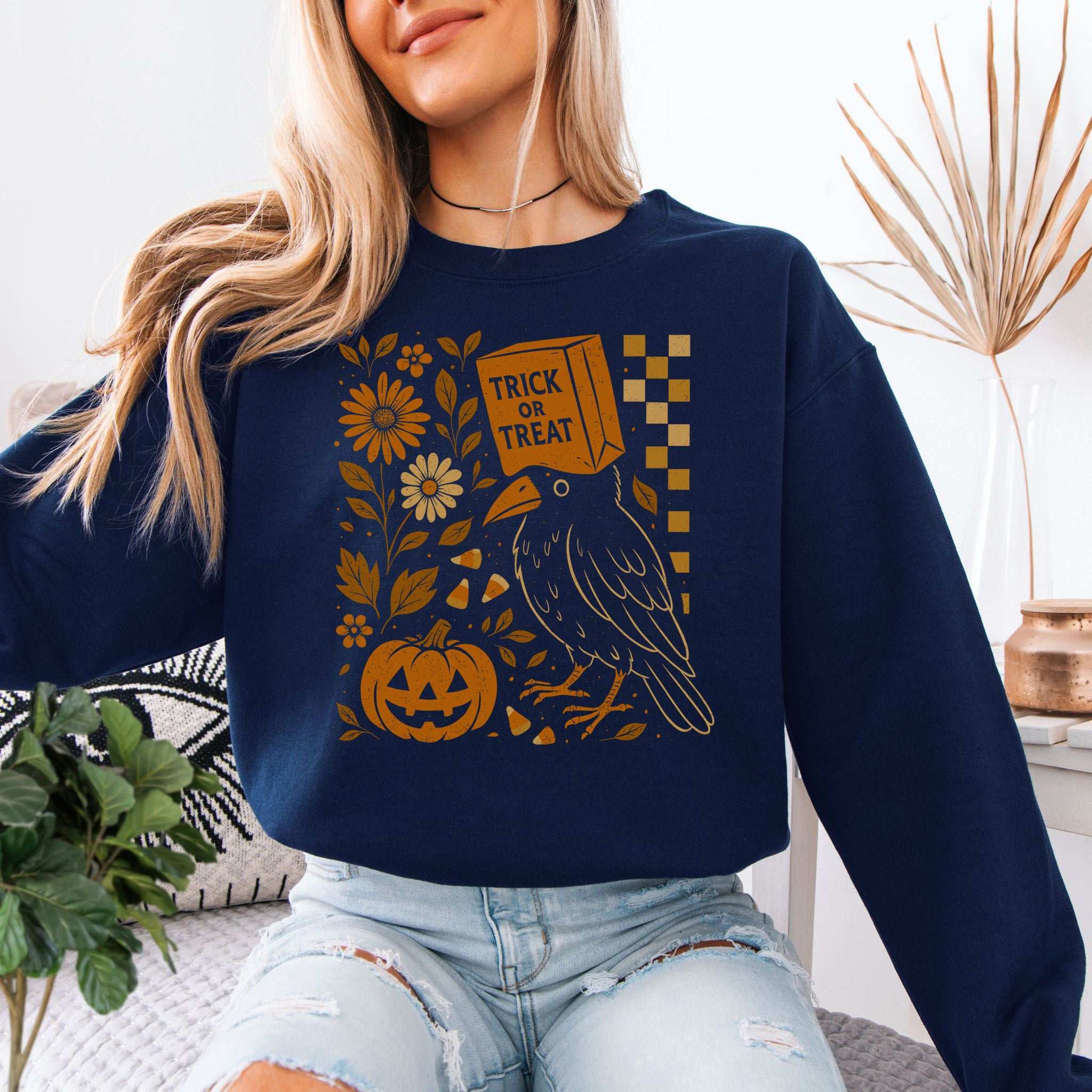 Trick-or-Treat Crow Halloween Sweatshirt – Funny Bird & Pumpkin Vibes