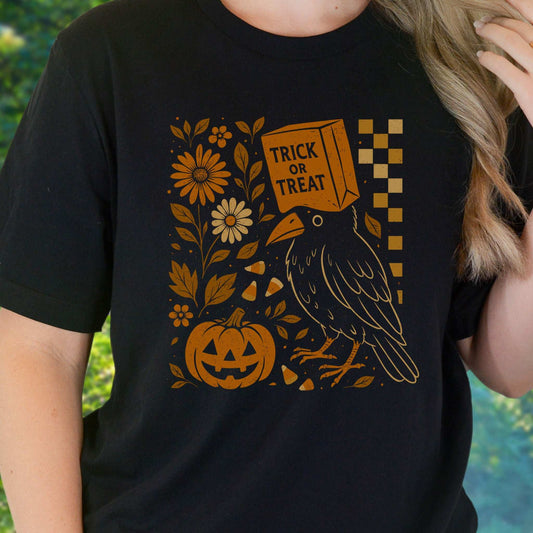 Trick-or-Treat Crow T-Shirt – Funny Halloween Bird & Pumpkin Vibes