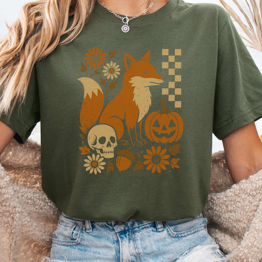 Halloween Fox T-Shirt – Spooky Floral Forestcore Pumpkin Vibes