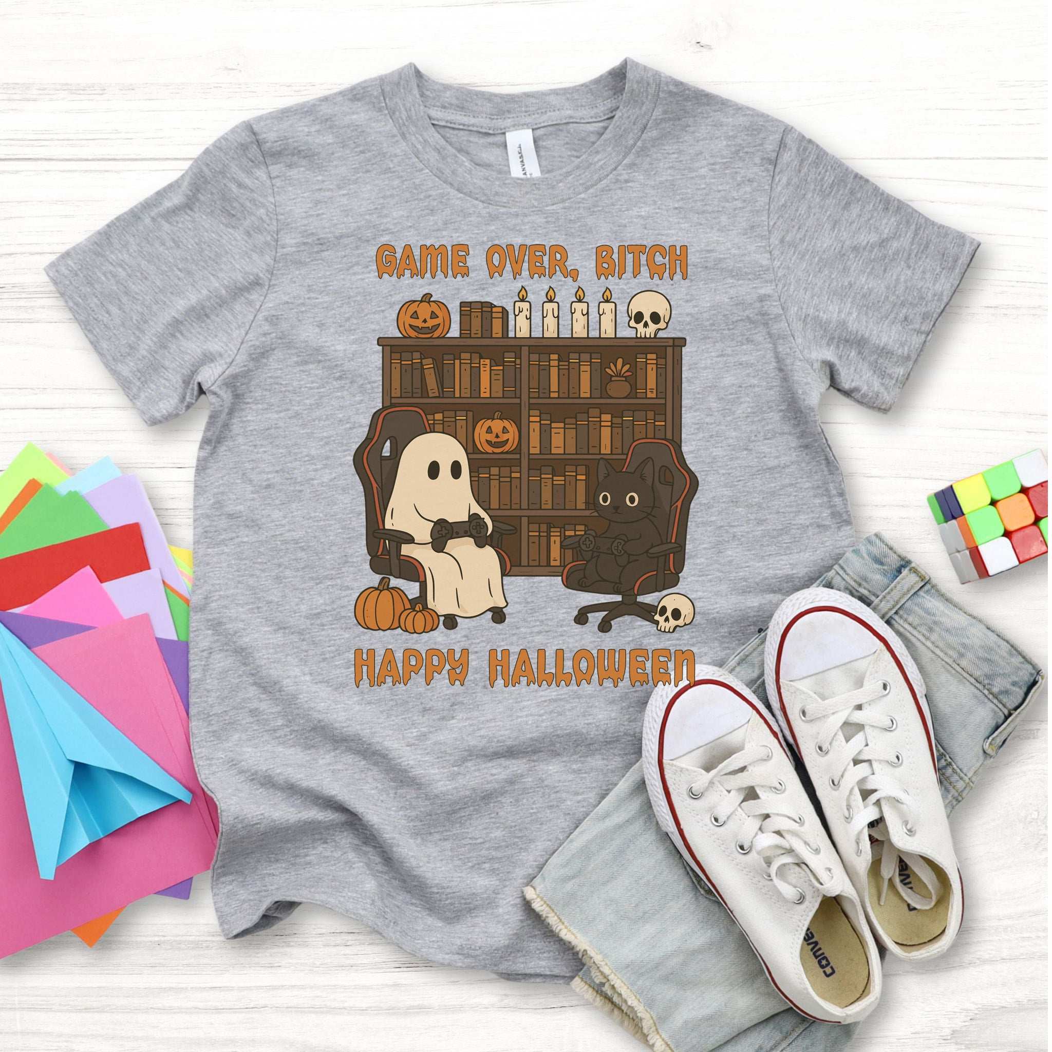 Halloween Gamer Ghost & Cat Youth Tee – Funny Spooky Gaming Shirt for Kids