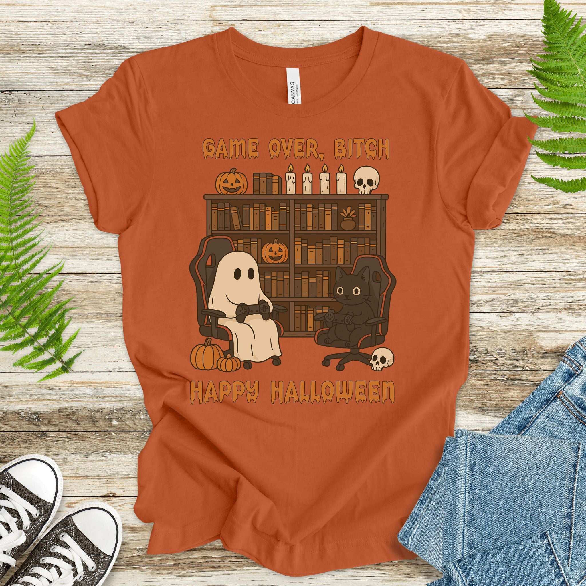 Halloween Gamer Ghost & Cat T-Shirt – Funny Retro Gaming Spooky Vibes