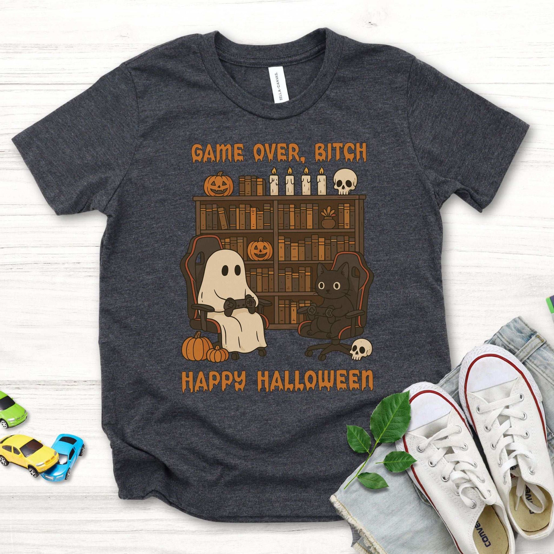 Halloween Gamer Ghost & Cat Youth Tee – Funny Spooky Gaming Shirt for Kids