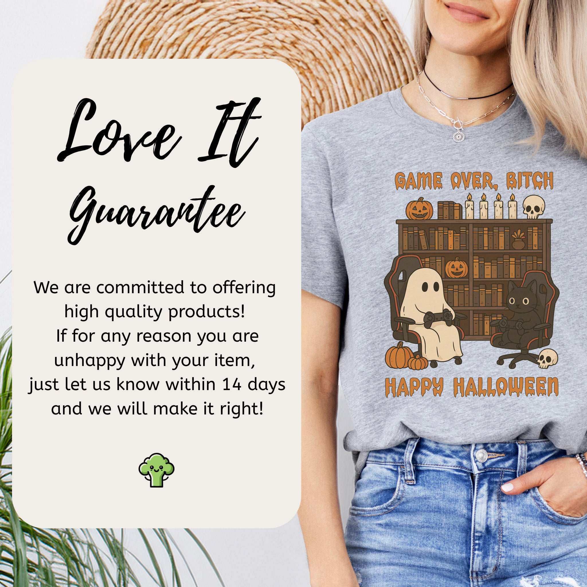 Halloween Gamer Ghost & Cat T-Shirt – Funny Retro Gaming Spooky Vibes