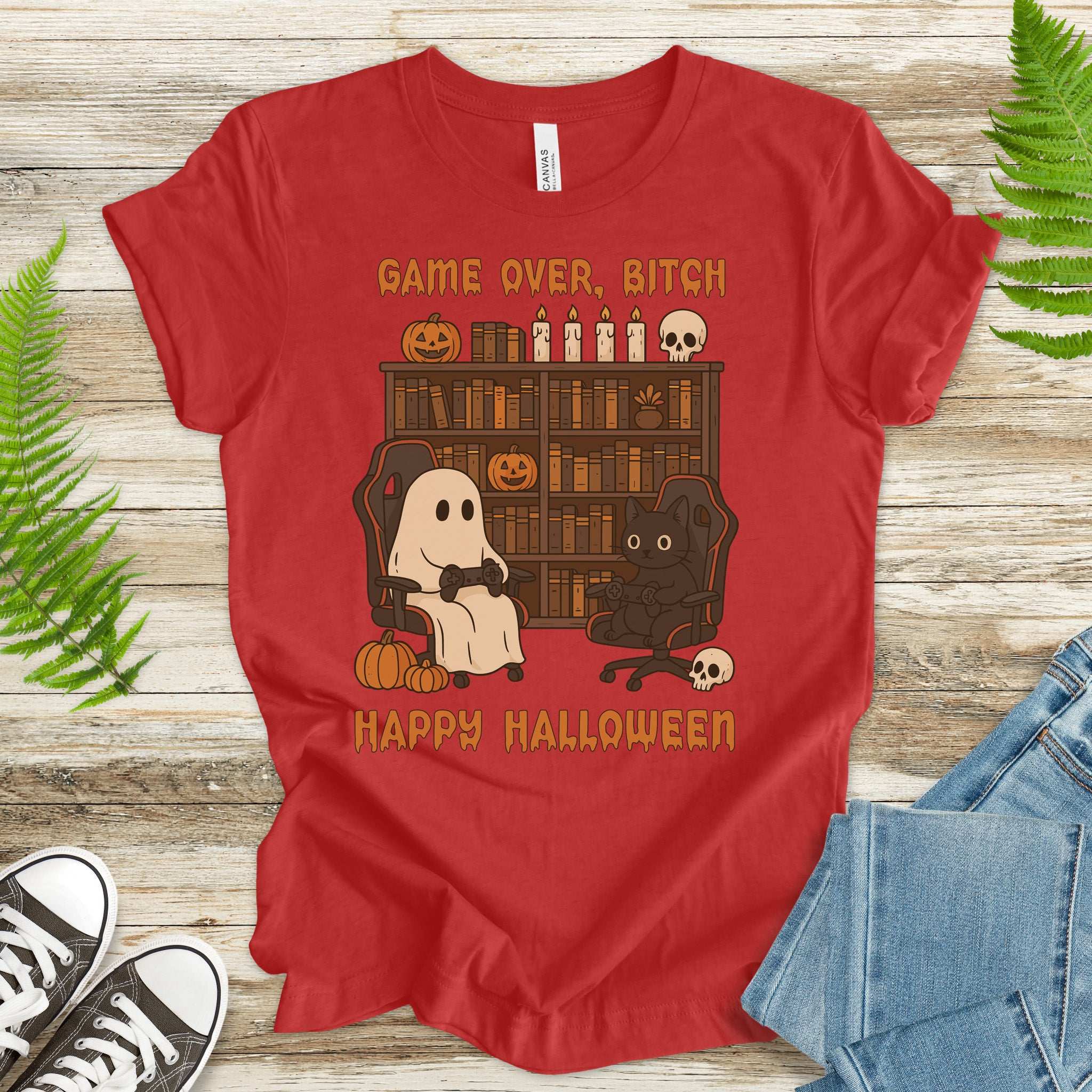 Halloween Gamer Ghost & Cat T-Shirt – Funny Retro Gaming Spooky Vibes