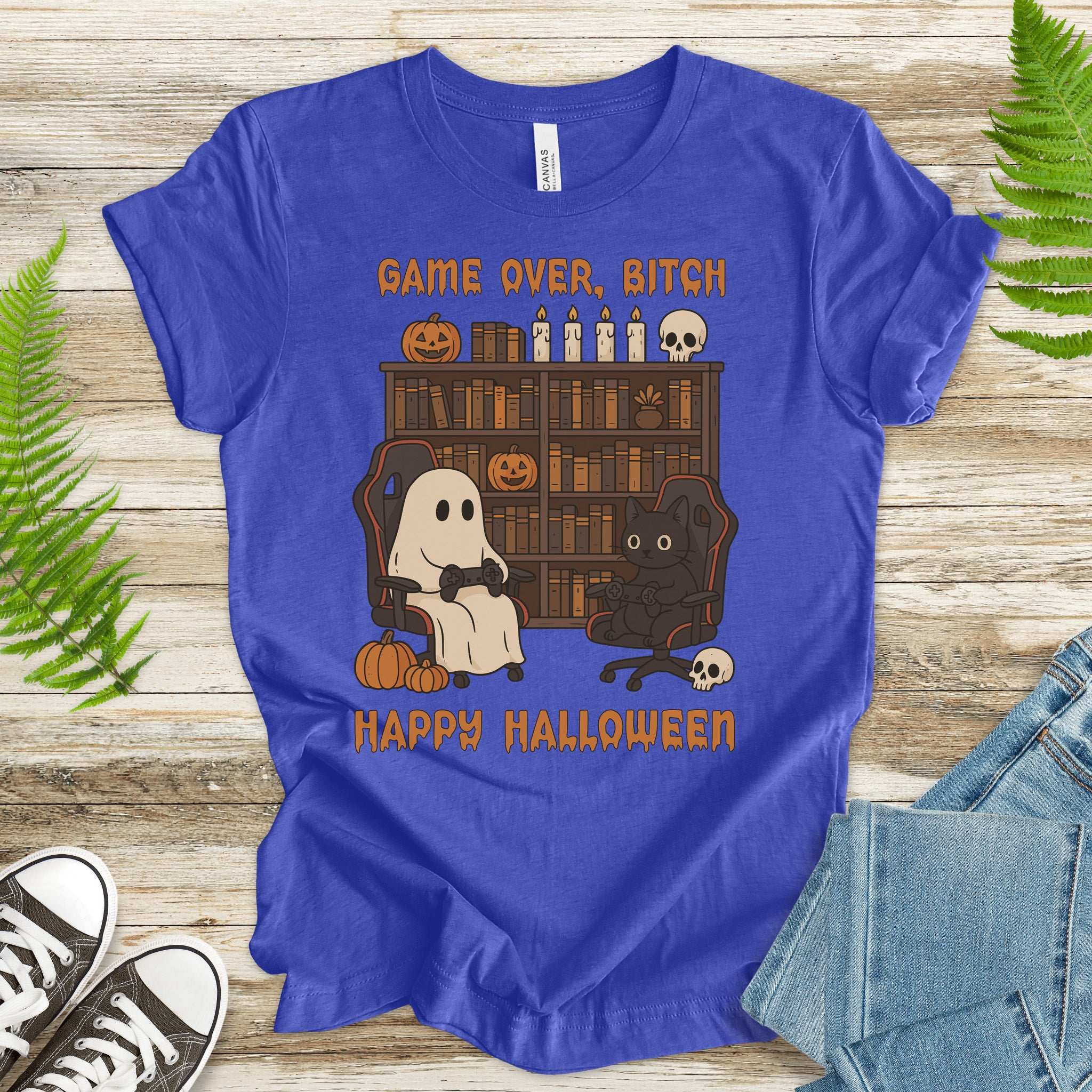 Halloween Gamer Ghost & Cat T-Shirt – Funny Retro Gaming Spooky Vibes