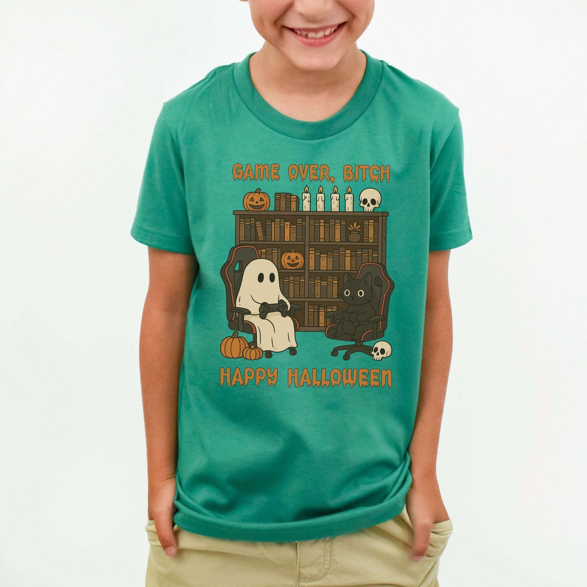 Halloween Gamer Ghost & Cat Youth Tee – Funny Spooky Gaming Shirt for Kids