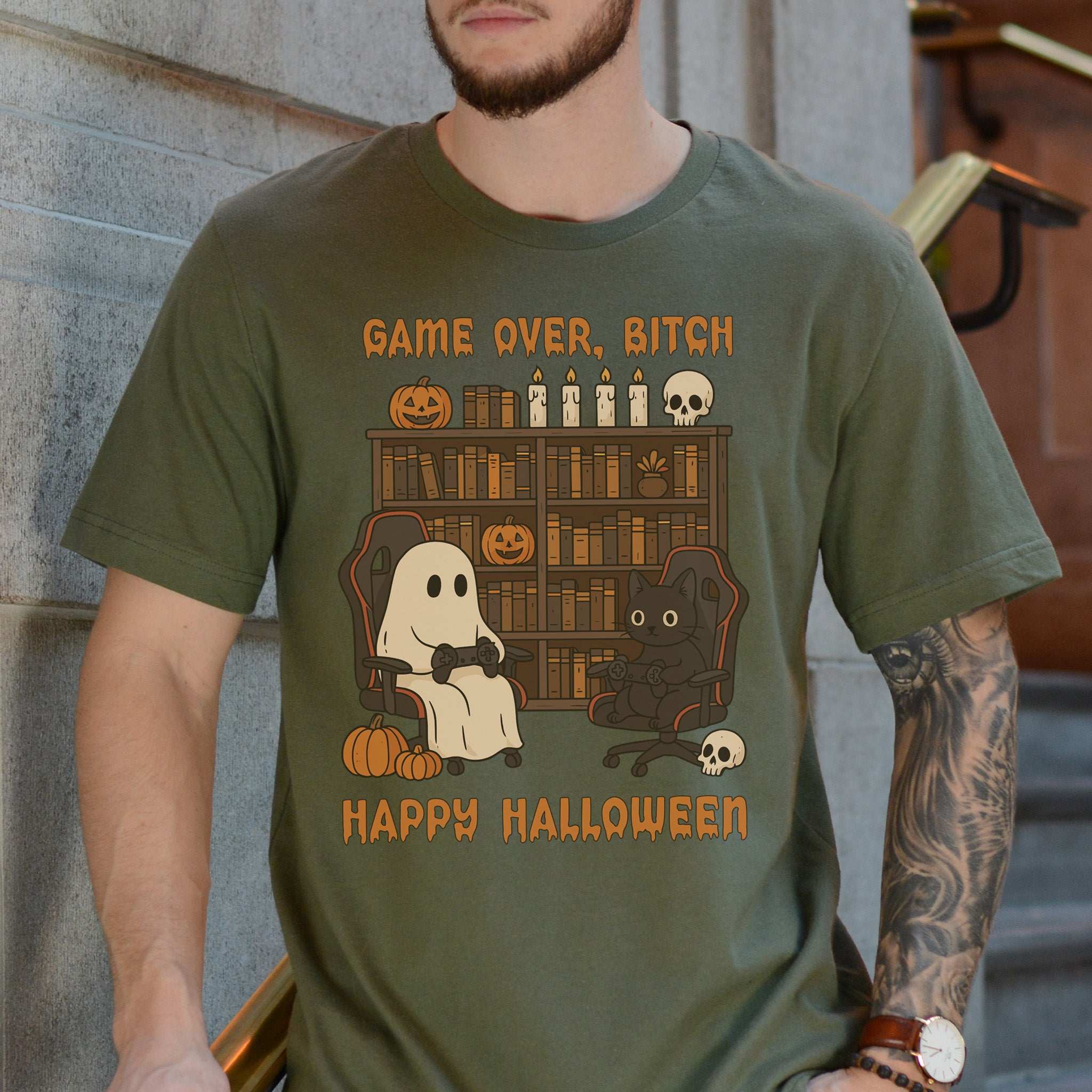 Halloween Gamer Ghost & Cat T-Shirt – Funny Retro Gaming Spooky Vibes