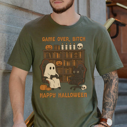 Halloween Gamer Ghost & Cat T-Shirt – Funny Retro Gaming Spooky Vibes