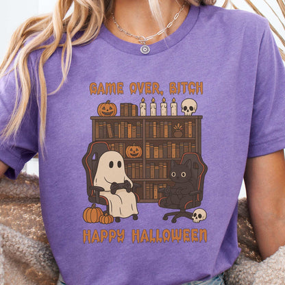 Halloween Gamer Ghost & Cat T-Shirt – Funny Retro Gaming Spooky Vibes