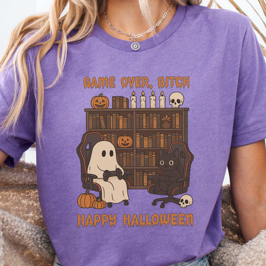Halloween Gamer Ghost & Cat T-Shirt – Funny Retro Gaming Spooky Vibes