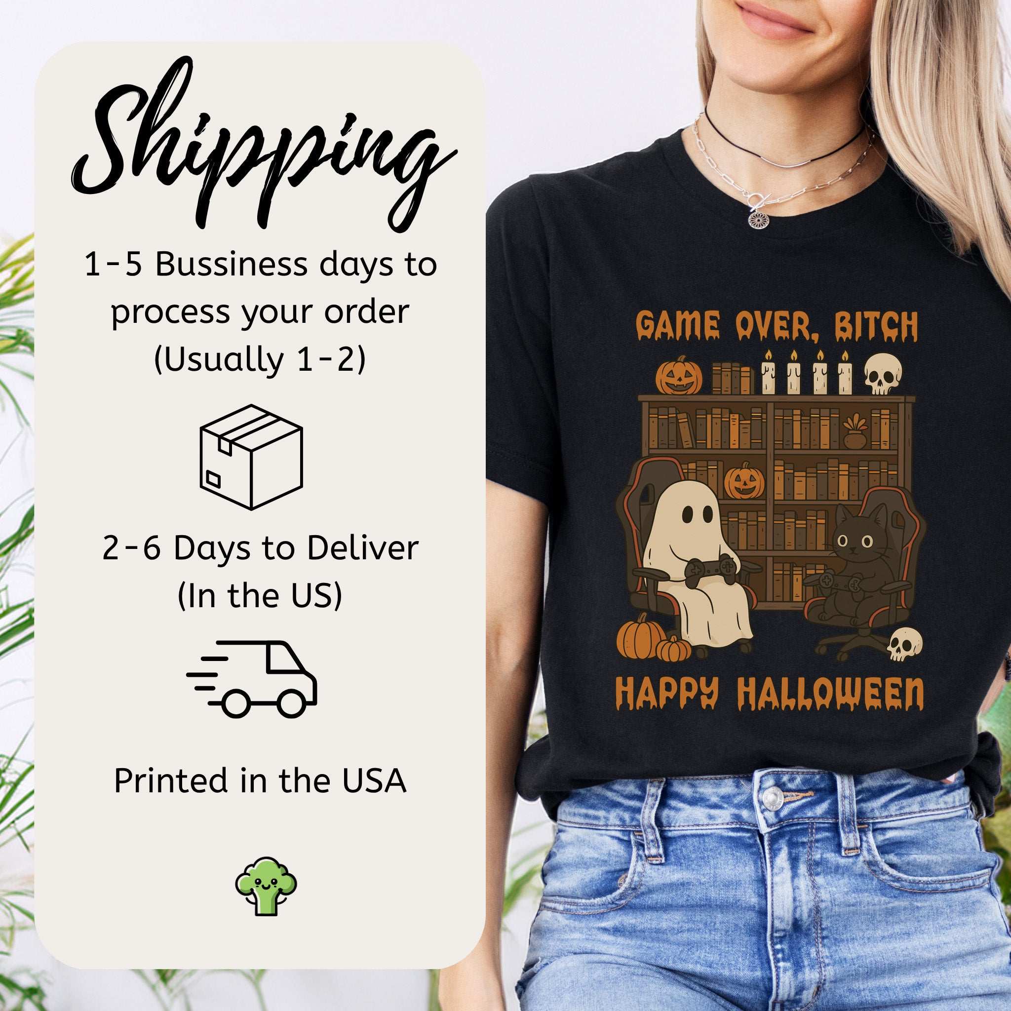 Halloween Gamer Ghost & Cat T-Shirt – Funny Retro Gaming Spooky Vibes