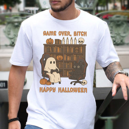 Halloween Gamer Ghost & Cat T-Shirt – Funny Retro Gaming Spooky Vibes