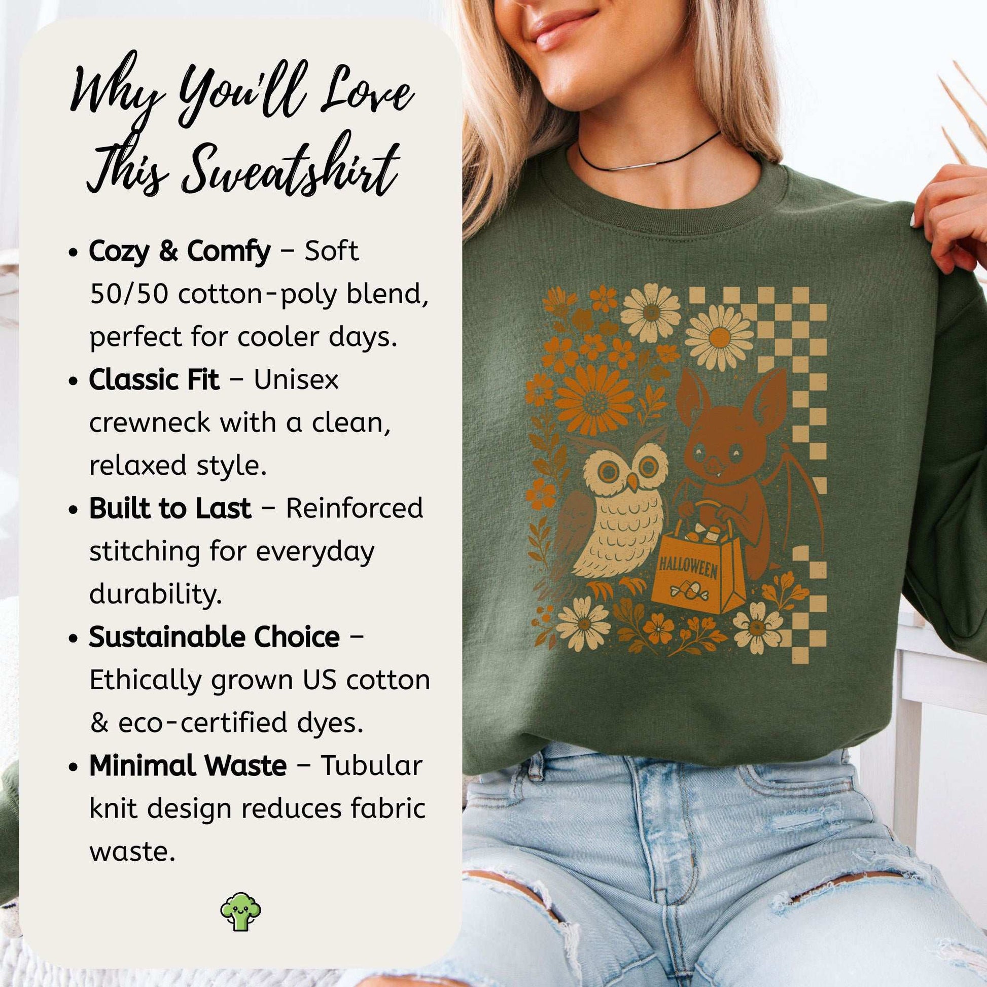 Halloween Owl & Bat Sweatshirt – Cute Forest Friends in Retro Trick-or-Treat