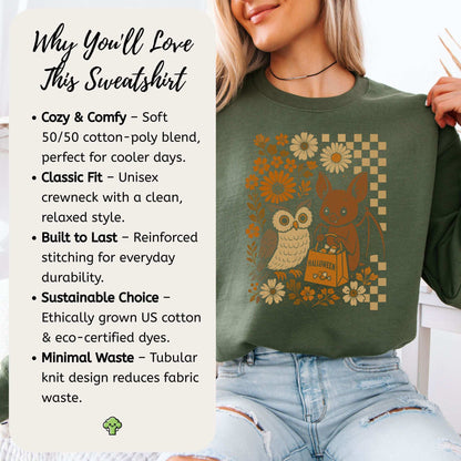 Halloween Owl & Bat Sweatshirt – Cute Forest Friends in Retro Trick-or-Treat