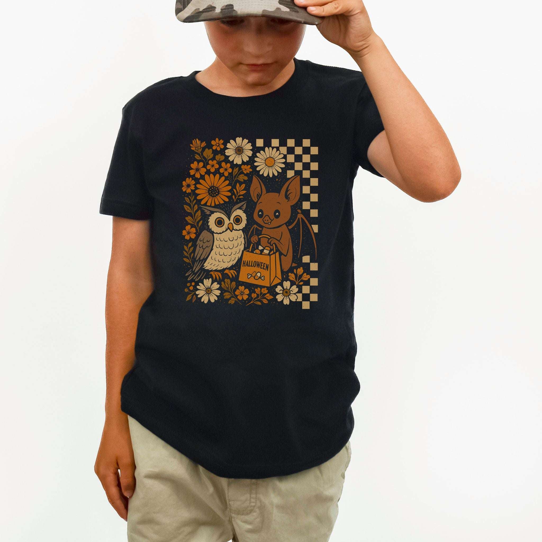 Halloween Owl & Bat Youth Tee – Cute Forest Friends Trick-or-Treat Shirt for Kids