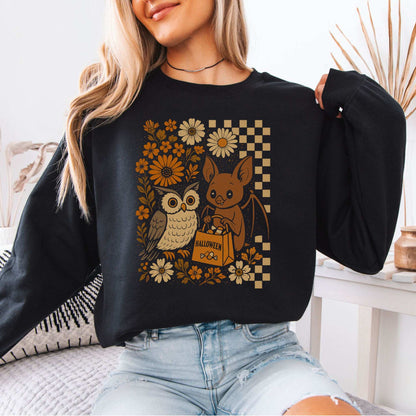 Halloween Owl & Bat Sweatshirt – Cute Forest Friends in Retro Trick-or-Treat