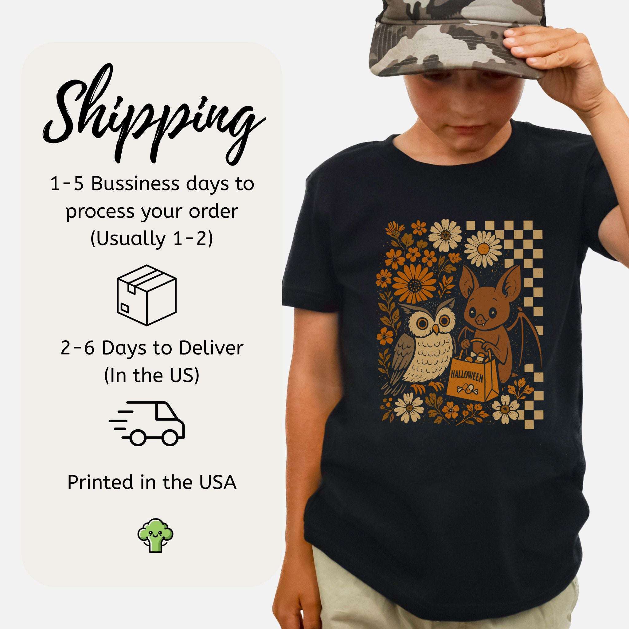 Halloween Owl & Bat Youth Tee – Cute Forest Friends Trick-or-Treat Shirt for Kids