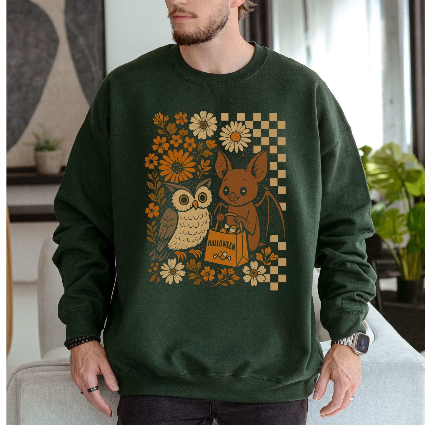 Halloween Owl & Bat Sweatshirt – Cute Forest Friends in Retro Trick-or-Treat