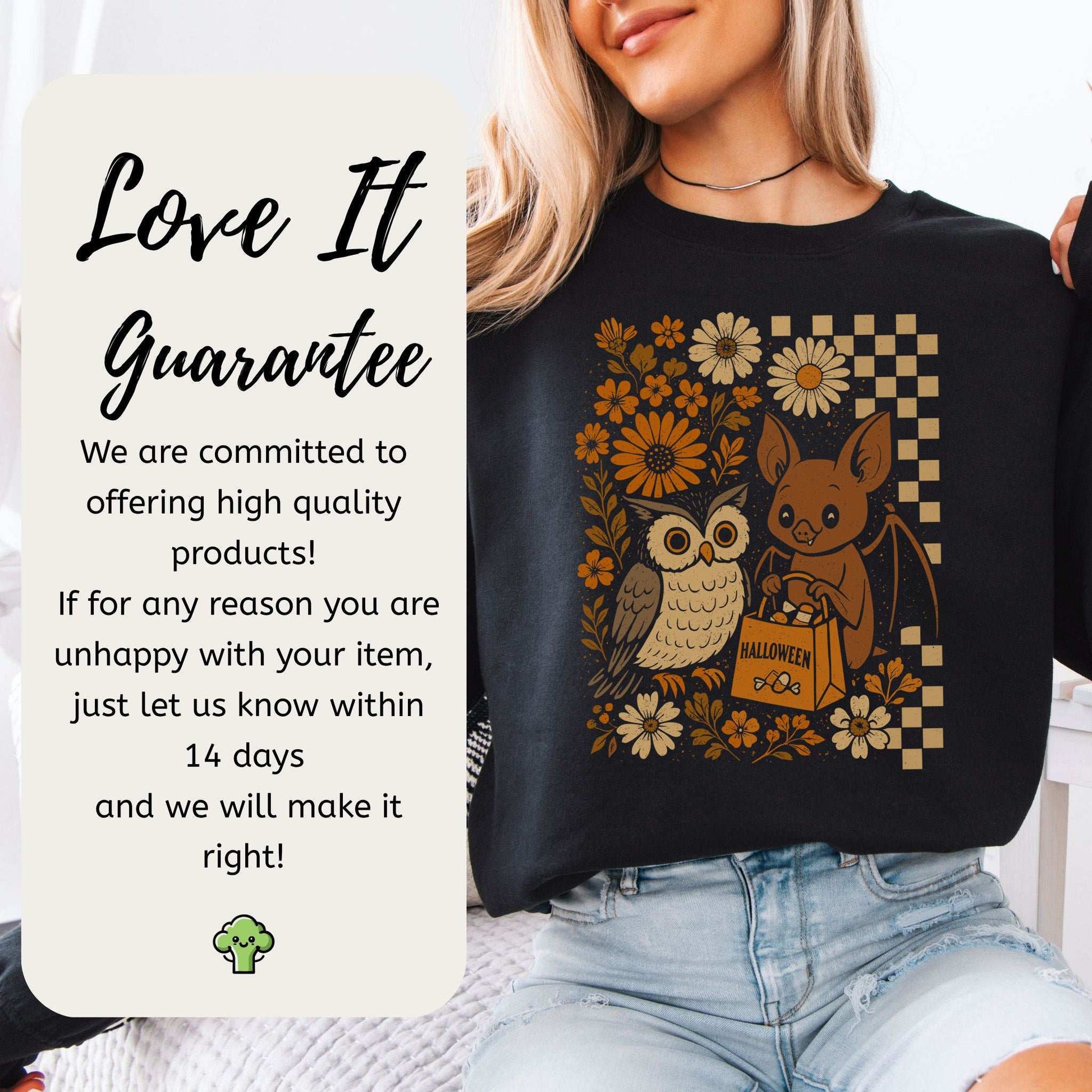 Halloween Owl & Bat Sweatshirt – Cute Forest Friends in Retro Trick-or-Treat