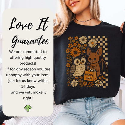 Halloween Owl & Bat Sweatshirt – Cute Forest Friends in Retro Trick-or-Treat