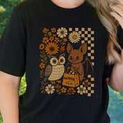 Halloween Owl & Bat T-Shirt – Cute Forest Friends in Retro Trick-or-Treat