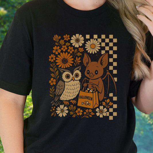 Halloween Owl & Bat T-Shirt – Cute Forest Friends in Retro Trick-or-Treat