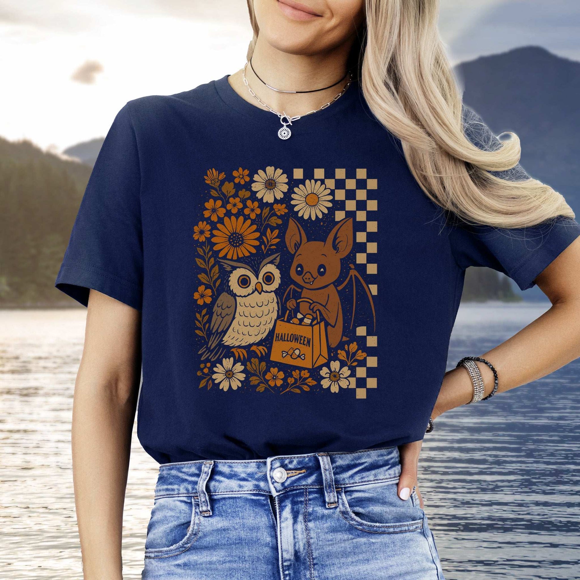 Halloween Owl & Bat T-Shirt – Cute Forest Friends in Retro Trick-or-Treat