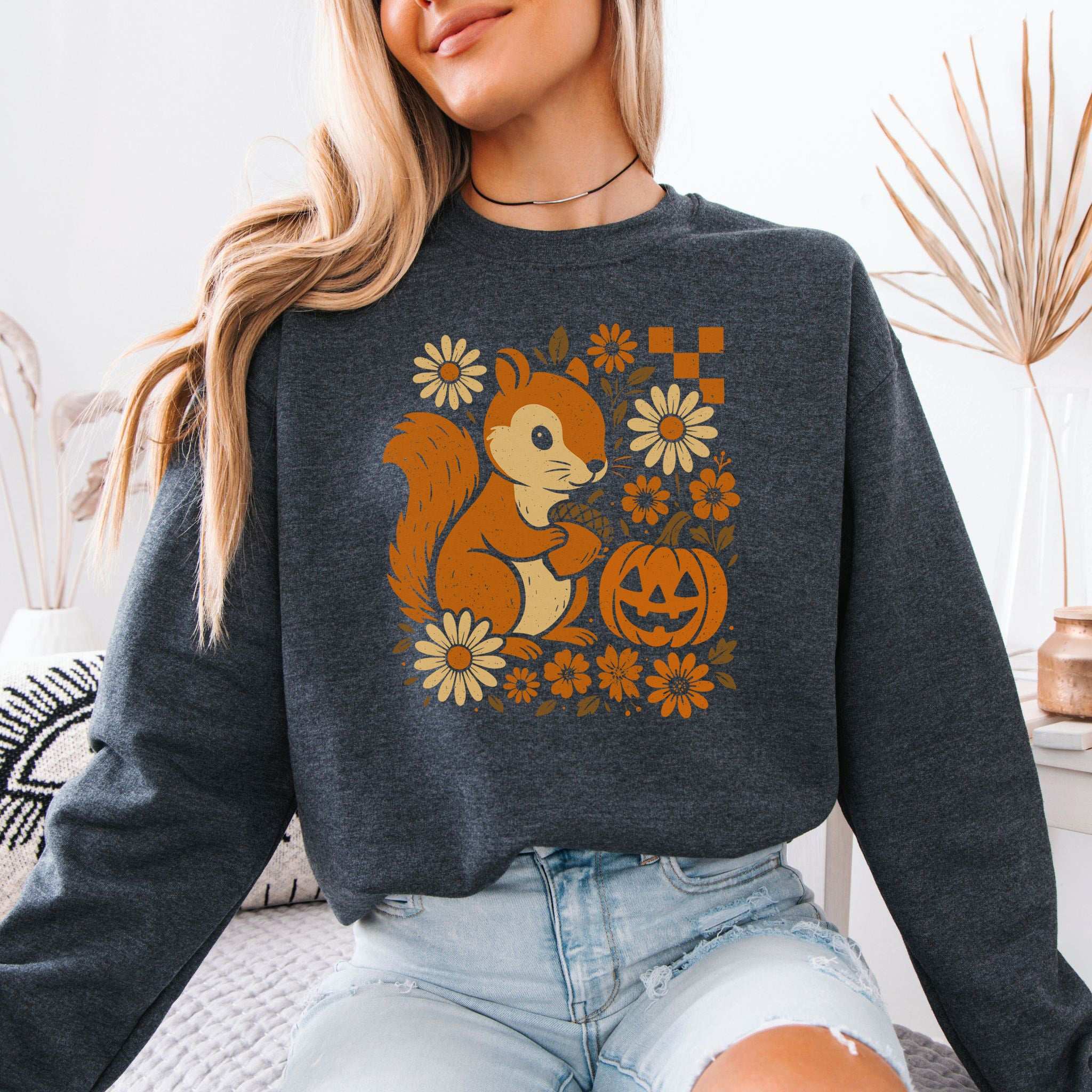 Pumpkin Patch Squirrel Sweatshirt – Cute Retro Halloween Nature Vibes