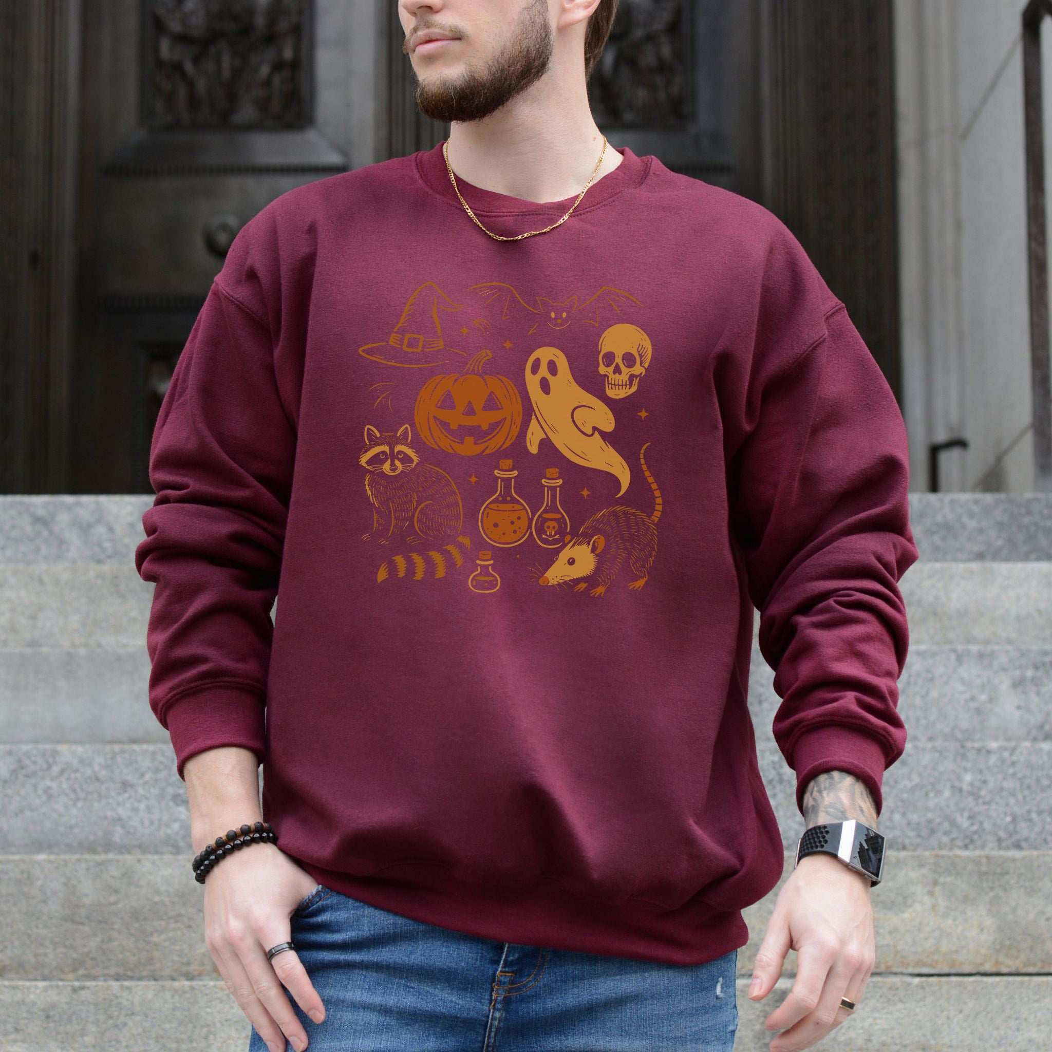 Halloween Raccoon & Opossum Sweatshirt – Spooky Trash Panda Potion Vibes