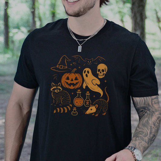 Halloween Raccoon & Opossum T-Shirt – Spooky Trash Panda Potion Vibes