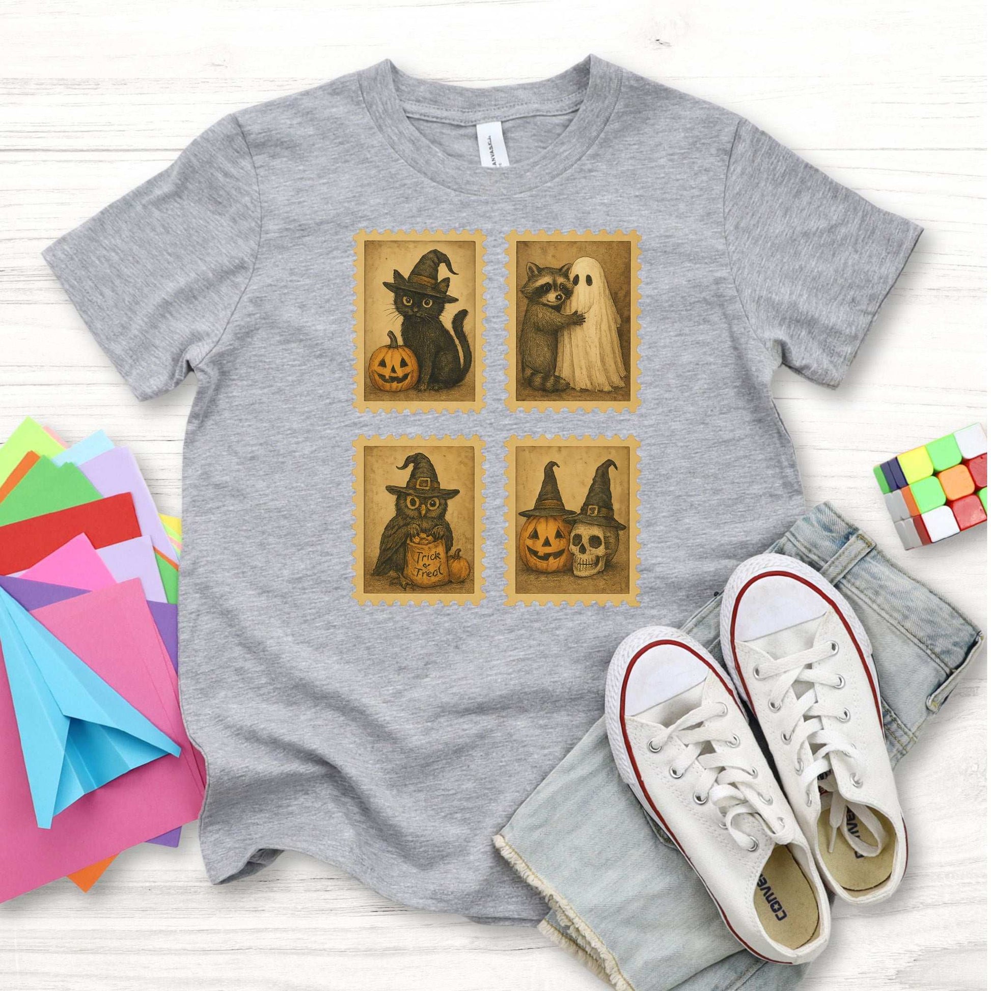 Halloween Stamps Youth Tee – Cute Cat, Raccoon, Owl & Pumpkin Magic for Kids
