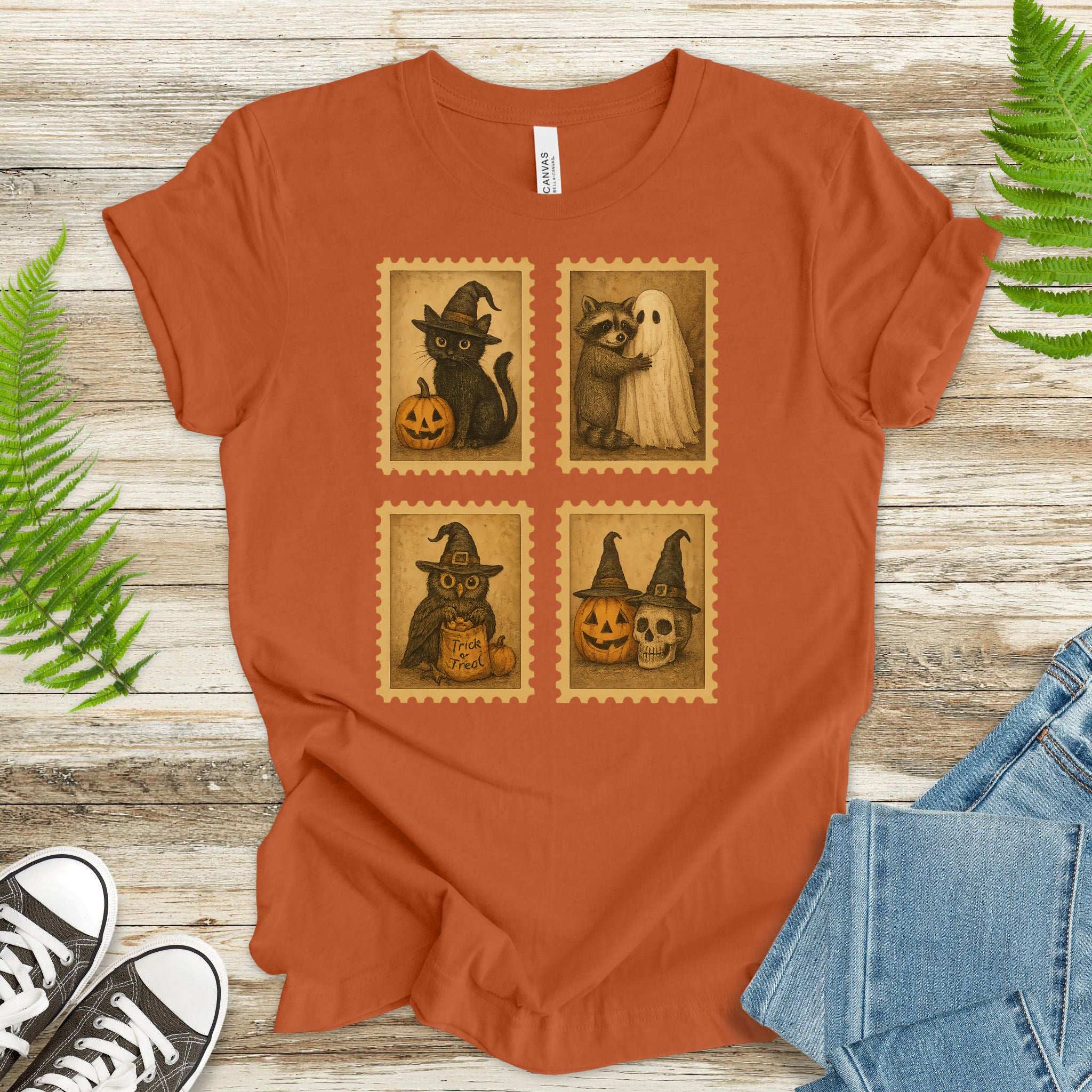 Halloween Stamps T-Shirt – Vintage Cat, Raccoon, Owl & Pumpkin Magic